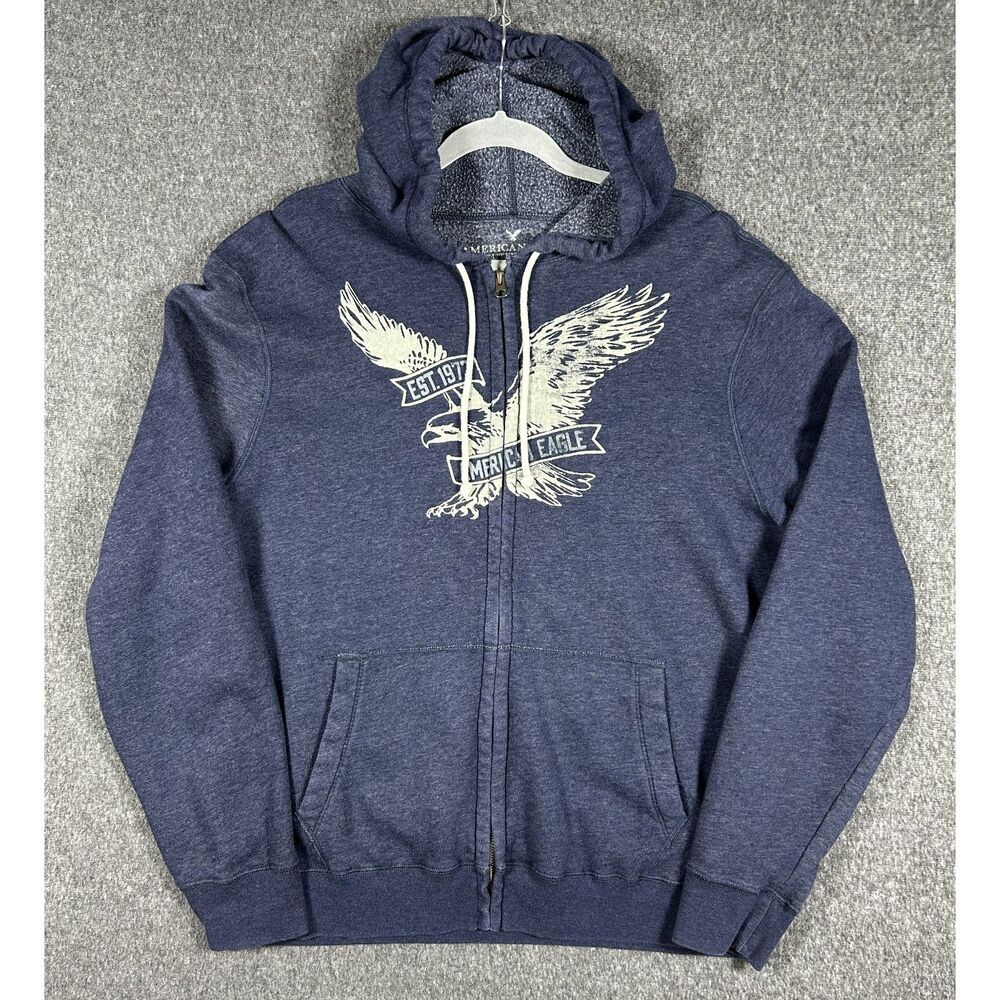 American Eagle Classic Fit Full Zip Graphic Eagle Hoodie Size XL Blue Heather